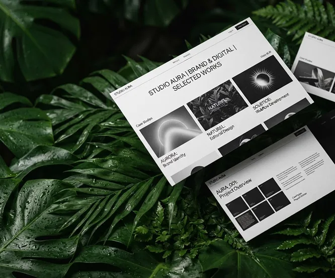Black-and-white interface mockup over tropical leaves